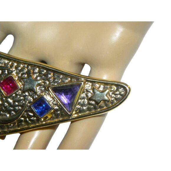 80s Large Gold Brooch with Moon Stars Multi Color Gemstones - Picture 5 of 6